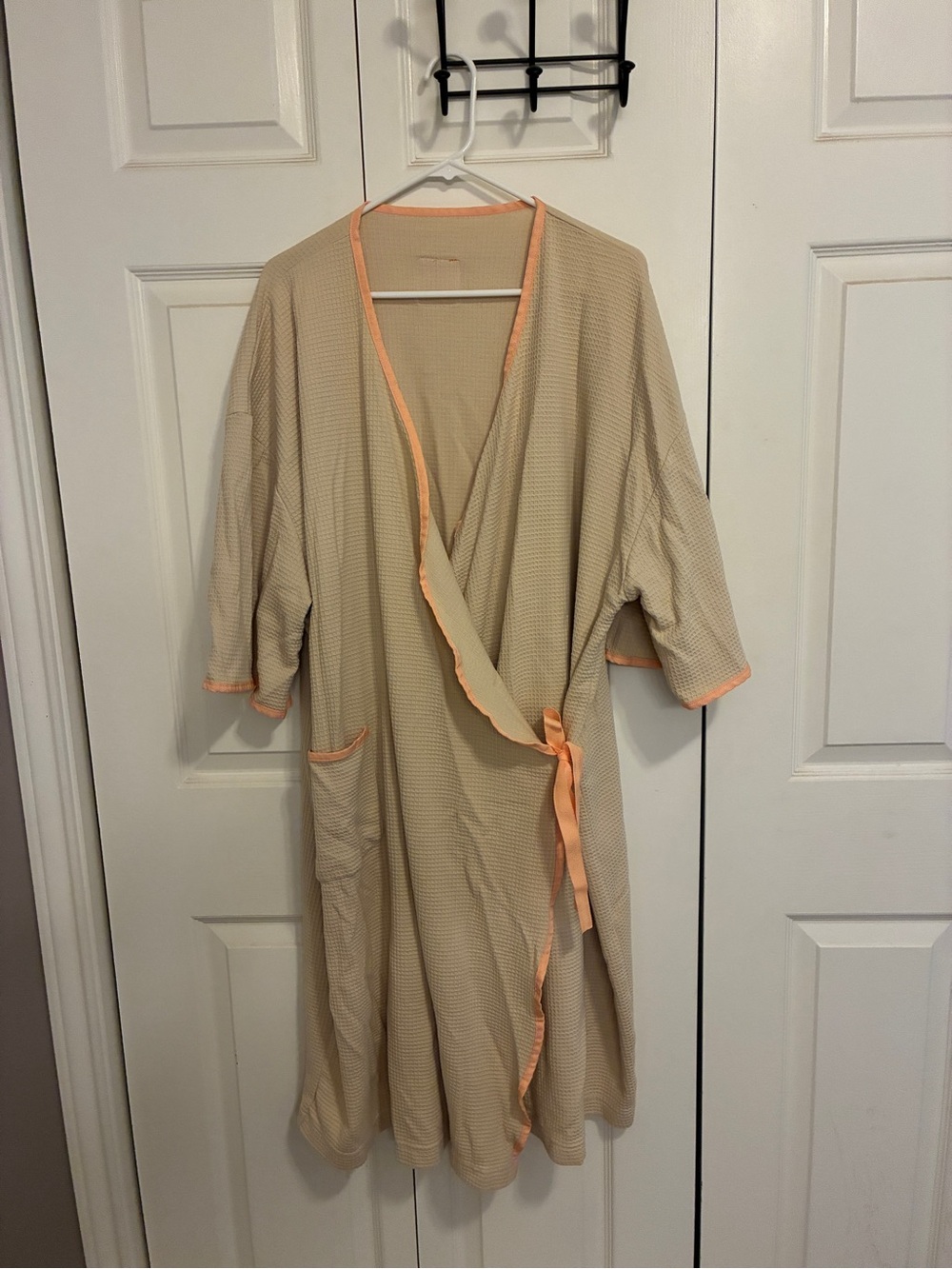 Waffle-Textured Wrap Robe in Cream with Peach Trim